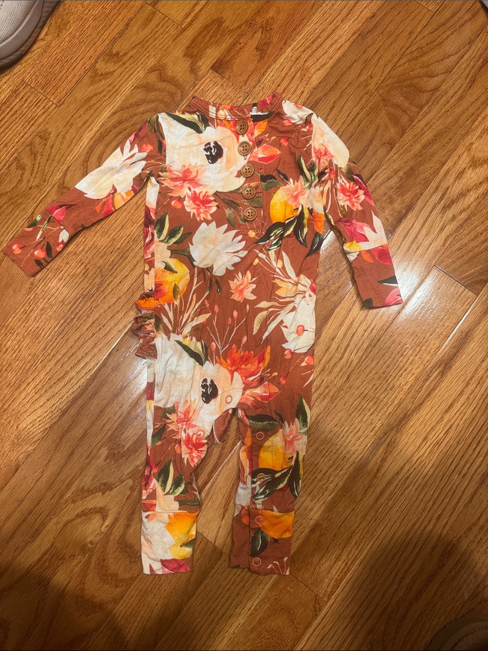 Posh Peanut Rust Floral Henley Jumpsuit with Multicolor Blooms 6-9 month